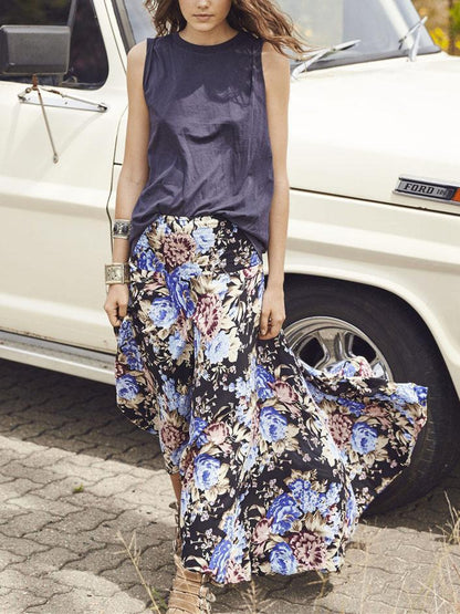 Full-length Loosen Vintage Skirt with Floral Print