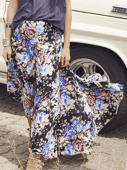 Full-length Loosen Vintage Skirt with Floral Print