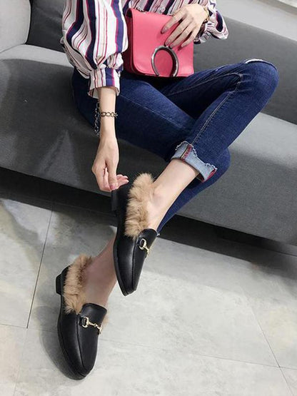 Solid Color Faux Fur Flat Shoes