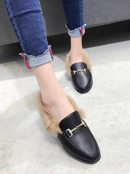 Solid Color Faux Fur Flat Shoes
