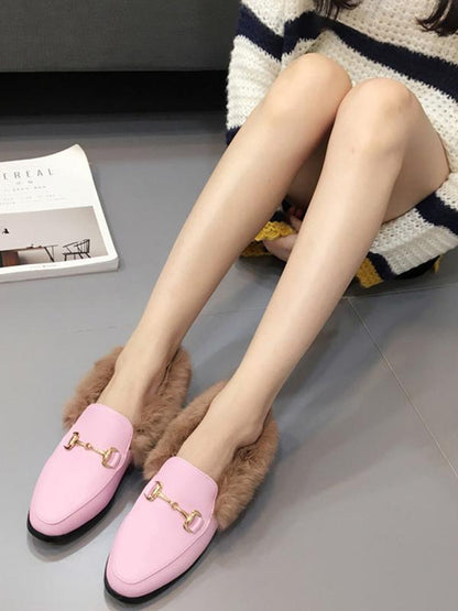 Solid Color Faux Fur Flat Shoes