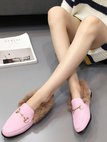 Solid Color Faux Fur Flat Shoes