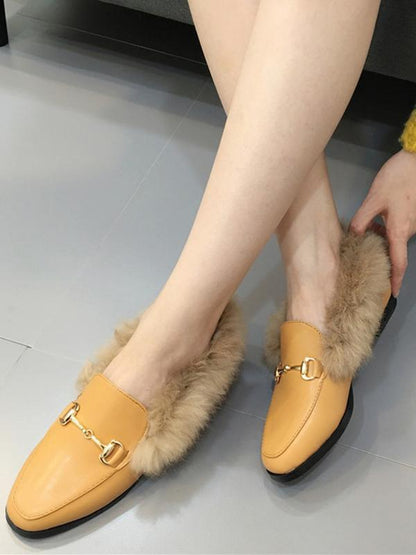 Solid Color Faux Fur Flat Shoes