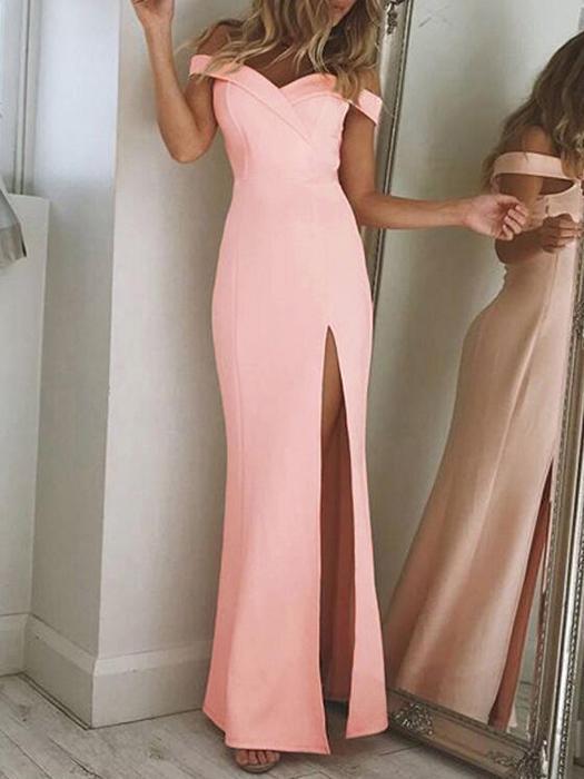 Solid Color Off-the-shoulder Split-side Maxi Dress