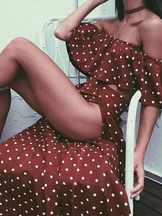 Burgundy Polka-Dot Falbala Off-the-shoulder Short Shirt And Long Skirt Suits