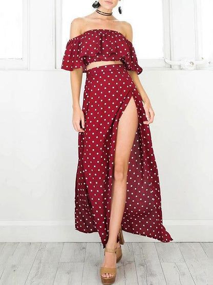 Burgundy Polka-Dot Falbala Off-the-shoulder Short Shirt And Long Skirt Suits