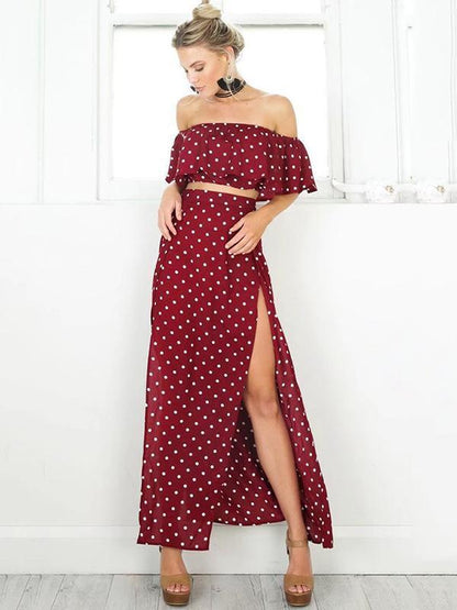 Burgundy Polka-Dot Falbala Off-the-shoulder Short Shirt And Long Skirt Suits