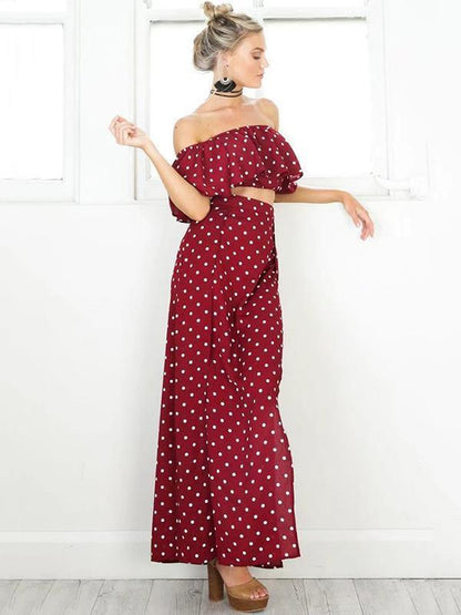 Burgundy Polka-Dot Falbala Off-the-shoulder Short Shirt And Long Skirt Suits
