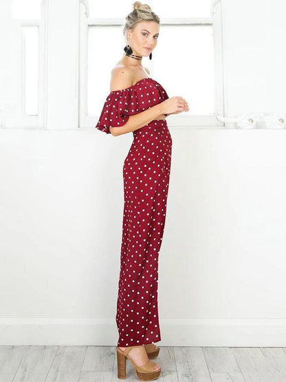 Burgundy Polka-Dot Falbala Off-the-shoulder Short Shirt And Long Skirt Suits
