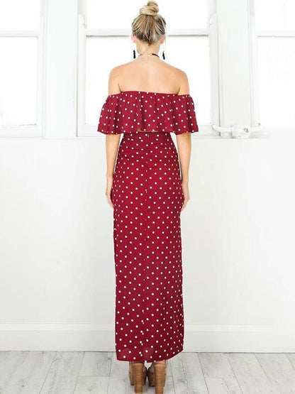 Burgundy Polka-Dot Falbala Off-the-shoulder Short Shirt And Long Skirt Suits