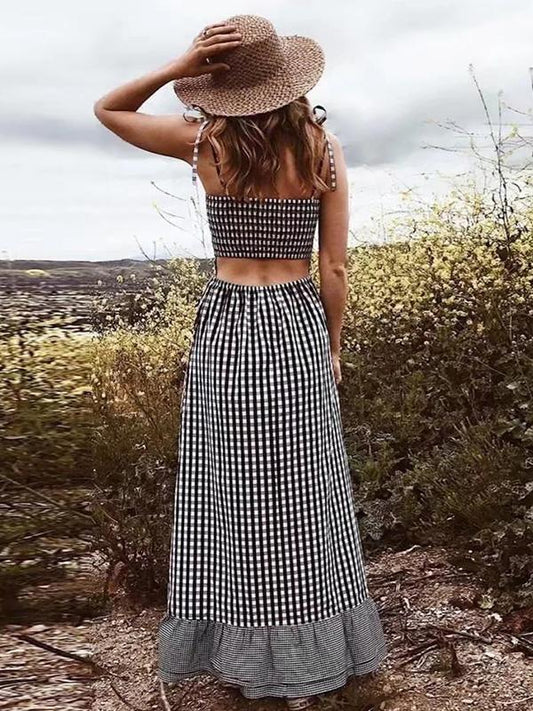Plaid Spaghetti-neck Bohemia Maxi Dress
