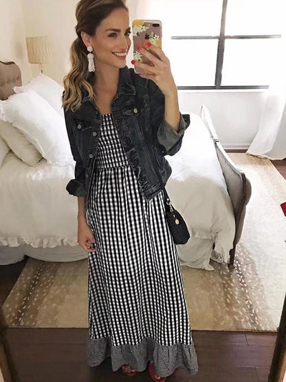 Plaid Spaghetti-neck Bohemia Maxi Dress