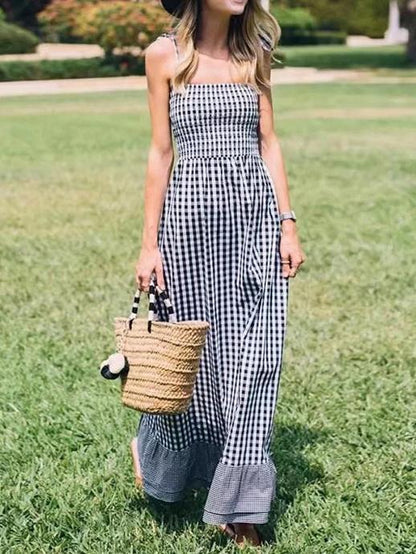 Plaid Spaghetti-neck Bohemia Maxi Dress