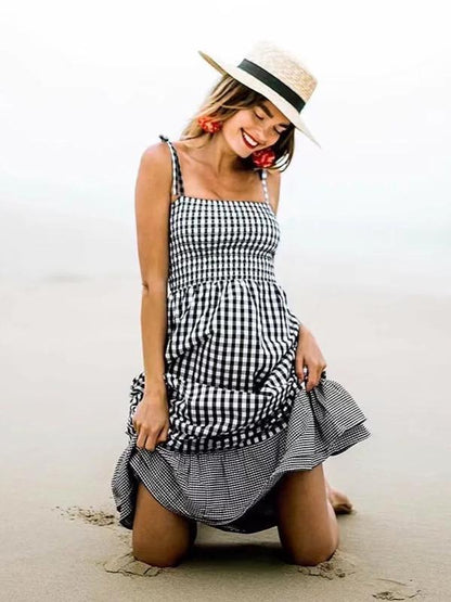 Plaid Spaghetti-neck Bohemia Maxi Dress