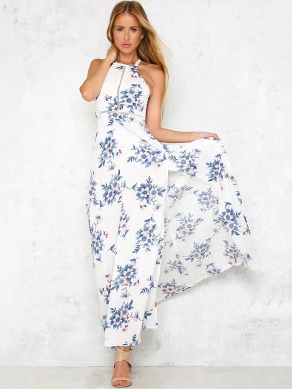 Blue Floral Print Halterneck Sleeveless Maxi Dress