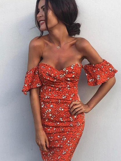 Off-the-shoulder Printed Midi Dress
