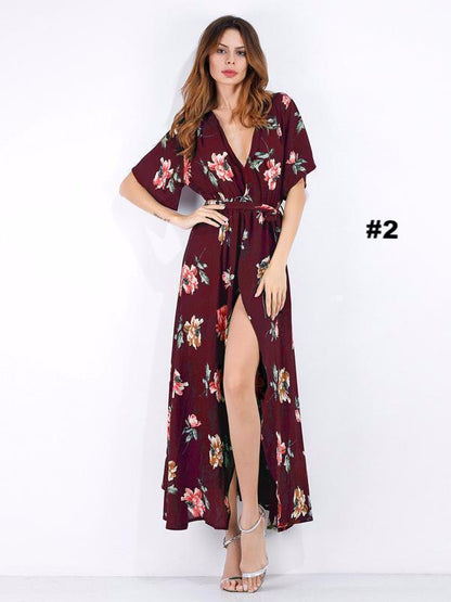 Pretty Floral High Slit Deep V-neck Maxi Dress