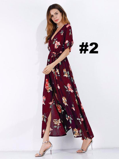 Pretty Floral High Slit Deep V-neck Maxi Dress