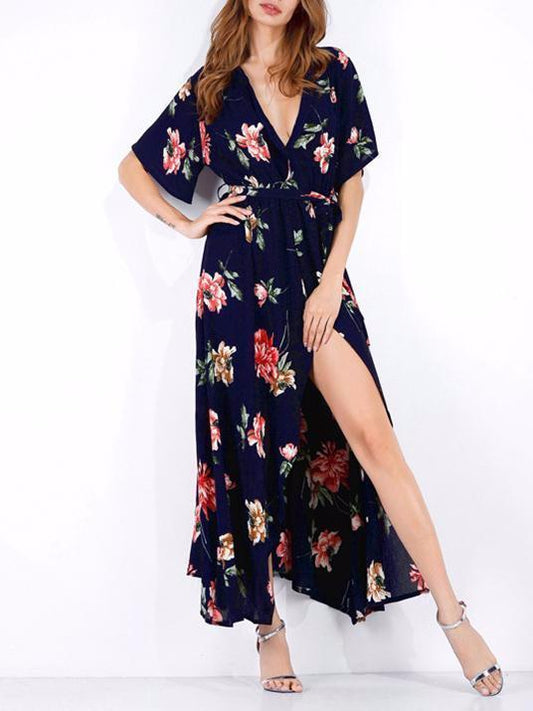 Pretty Floral High Slit Deep V-neck Maxi Dress