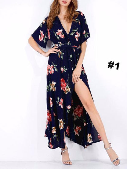 Pretty Floral High Slit Deep V-neck Maxi Dress