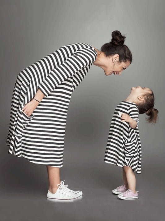 Striped Half Sleeves Loose Parent-Child Midi Dress
