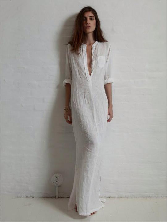 Solid Color Split-side Stand Collar Maxi Dress