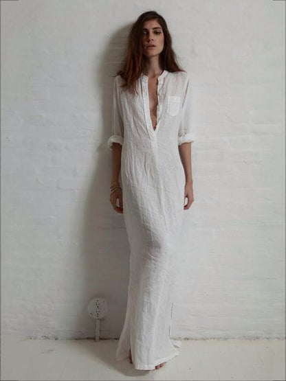 Solid Color Split-side Stand Collar Maxi Dress
