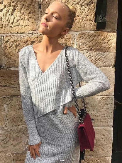 V-neck Knit Jumper Midi Dress