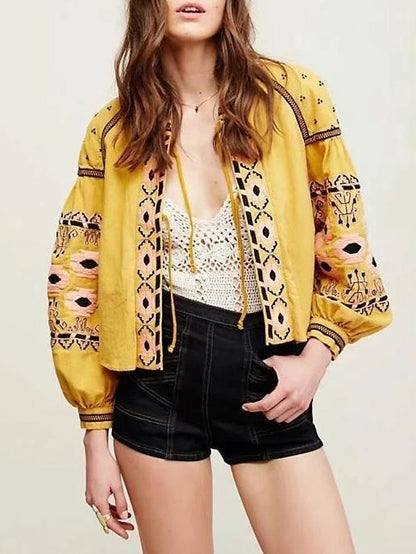Embroidered Bohemia Puff Sleeves Outwear Tops