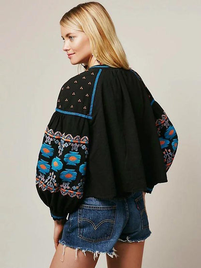 Embroidered Bohemia Puff Sleeves Outwear Tops