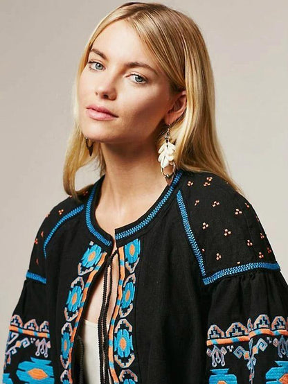 Embroidered Bohemia Puff Sleeves Outwear Tops