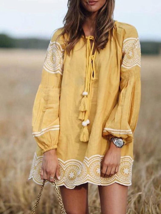 Embroidered Tasseled Puff Sleeves Mini Dress