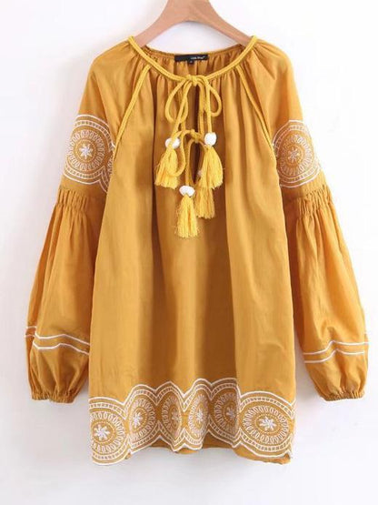 Embroidered Tasseled Puff Sleeves Mini Dress