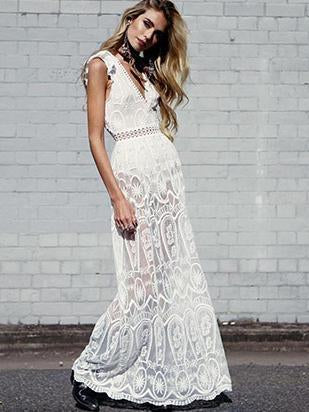 Lace Deep V-neck Backless Hollow Maxi Dress