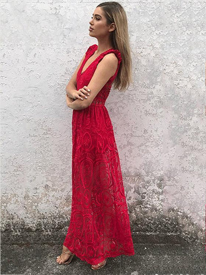 Lace Deep V-neck Backless Hollow Maxi Dress