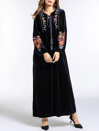 Pleuche Embroidered Raised Bands Kaftan Dress