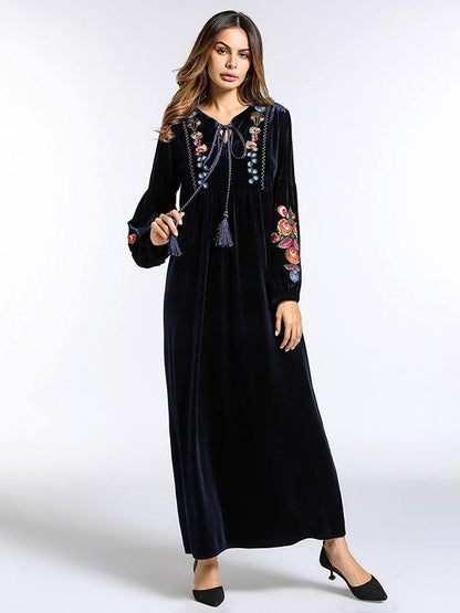 Pleuche Embroidered Raised Bands Kaftan Dress