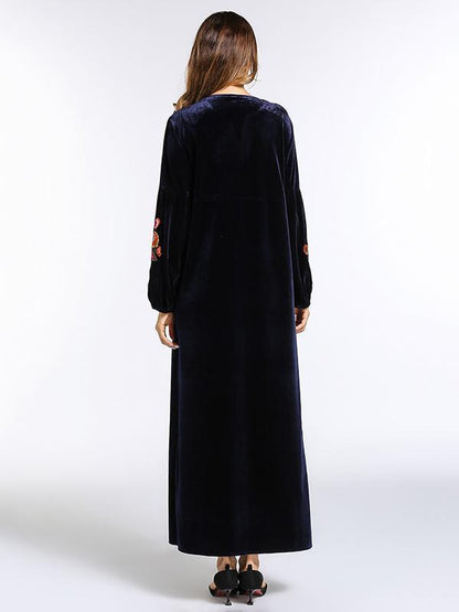Pleuche Embroidered Raised Bands Kaftan Dress