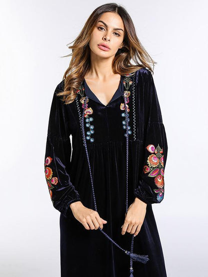 Pleuche Embroidered Raised Bands Kaftan Dress