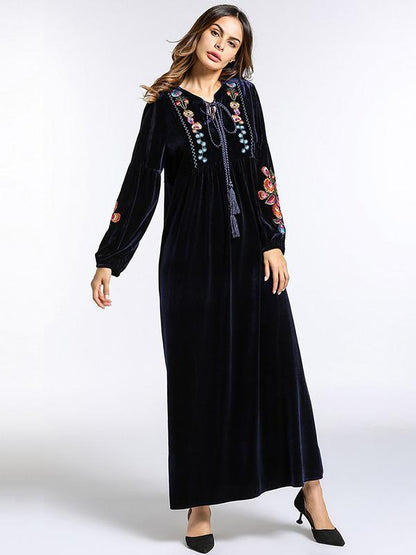 Pleuche Embroidered Raised Bands Kaftan Dress