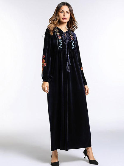 Pleuche Embroidered Raised Bands Kaftan Dress