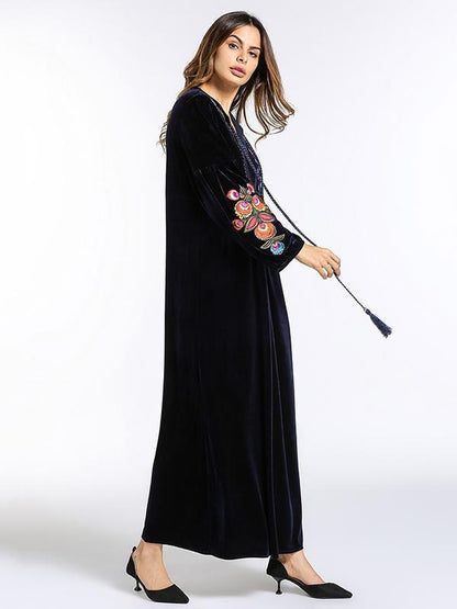 Pleuche Embroidered Raised Bands Kaftan Dress