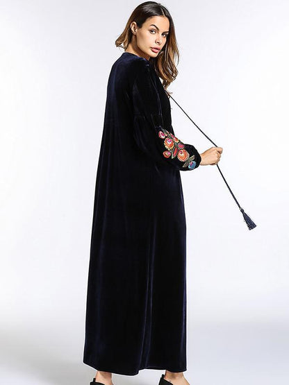 Pleuche Embroidered Raised Bands Kaftan Dress