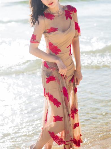 Veil Embroidered Floor Beach Maxi Dress