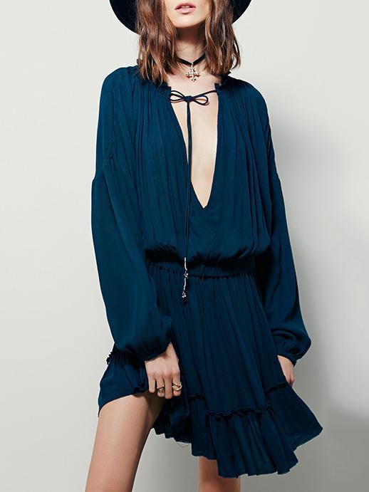 Daily Deep V-Cut Mini Dress in Red and Blue Color