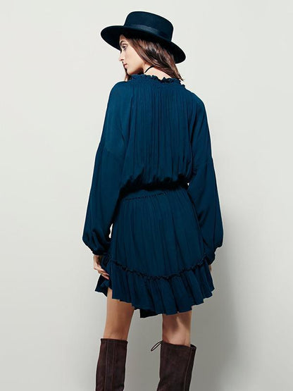 Daily Deep V-Cut Mini Dress in Red and Blue Color