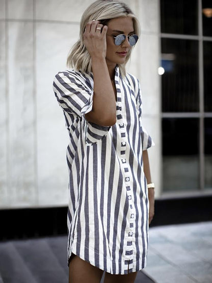 Black and White Stripes Round Collar Casual Blouse