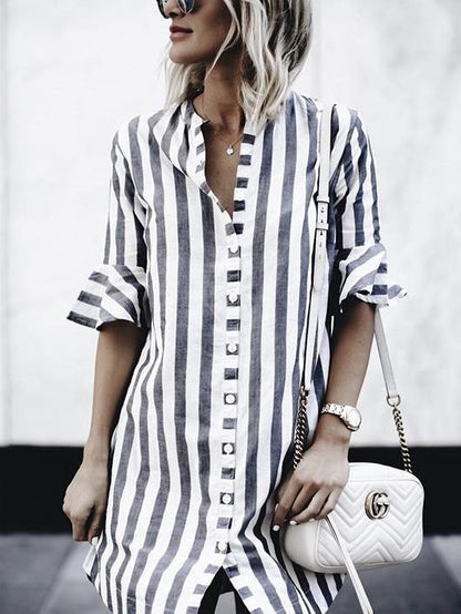 Black and White Stripes Round Collar Casual Blouse