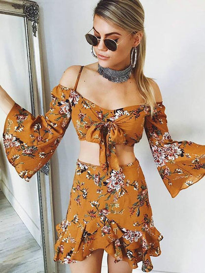 Floral Off Shoulder Flared Sleeves Tops And Skirt Bottoms