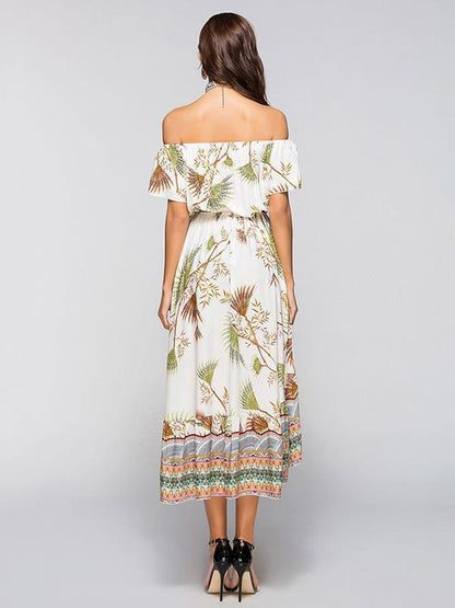 Asymmetric Printed Off-the-shoulder Midi Dress